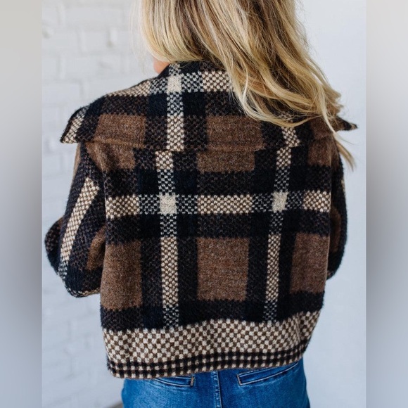 ZARA Plaid Zip Up Collared Soft Knit Sweater Brown Black Tan with Pockets L - Picture 2 of 16